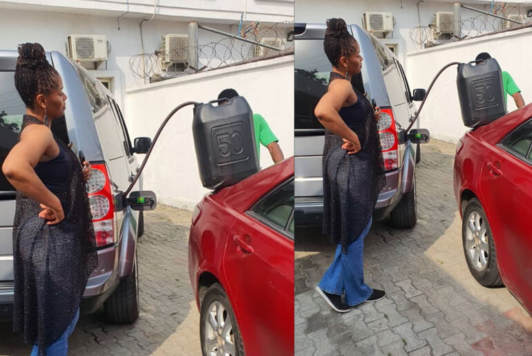 Nigerian Lady Stirs Cute Reactions As She Surprises Her Husband With 50 Litres Of Petrol In His Office